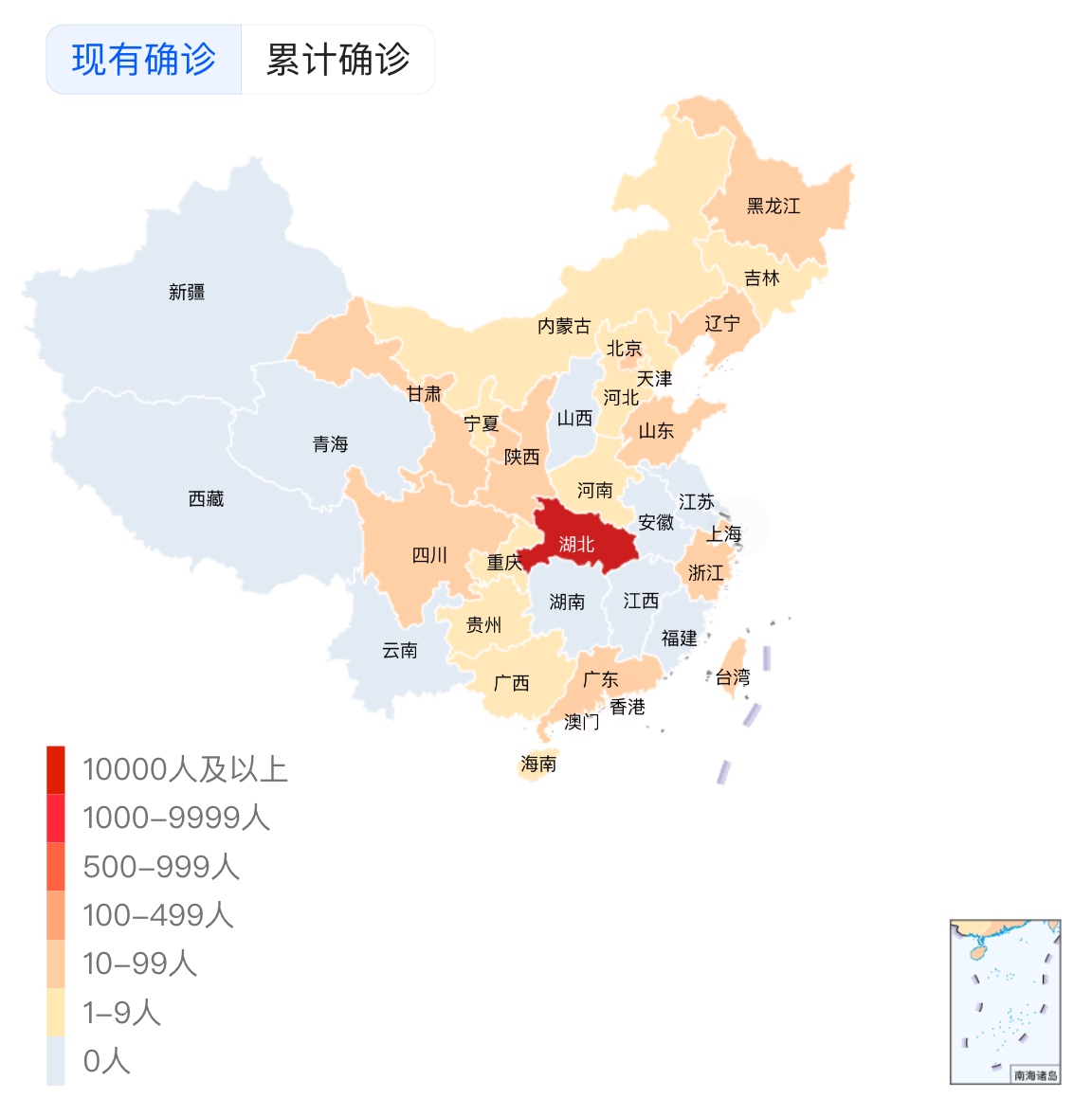 中国现存确诊分布(来源：腾讯新闻)
